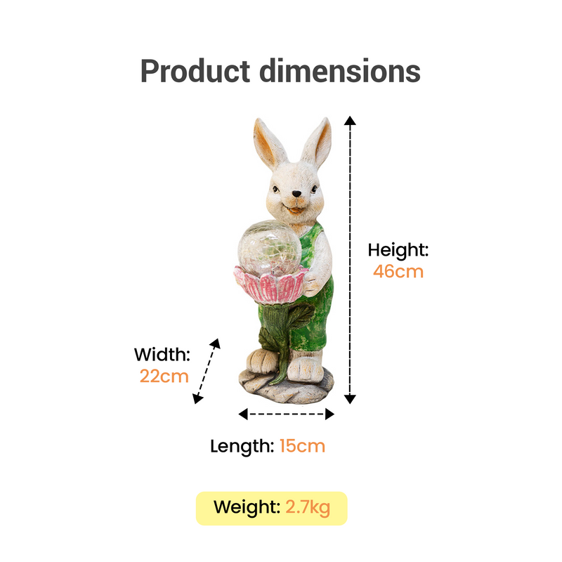 Product dimensions diagram of solar rabbit garden statue: 46cm height, 22cm width, 15cm length, 2.7kg weight.