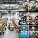 Collage of six commercial applications for the Outway high bay LED light: large warehouse, commercial gym, auto workshop, stockroom, indoor swimming pool, and exhibition hall.