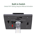 Back view of a light fixture with a built-in switch labeled 'Default OFF Setting, Requires Manual Activation'.