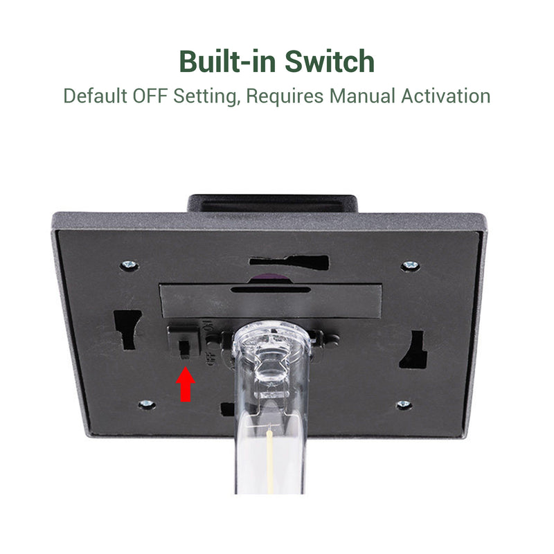 Back view of a light fixture with a built-in switch labeled 'Default OFF Setting, Requires Manual Activation'.