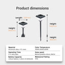 Product dimensions of a solar-powered outdoor light with specifications on a white background