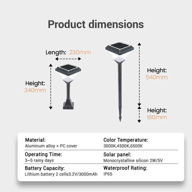 Product dimensions of a solar-powered outdoor light with specifications on a white background