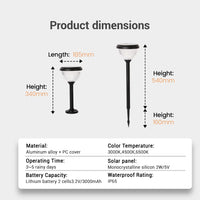 Product dimensions of a solar lamp with technical specifications on a white background