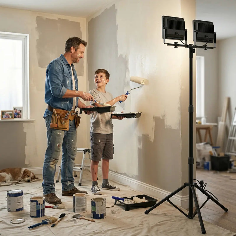 Dual-head LED work light for home renovation, adjustable tripod stand flood light for painting room, bright work lighting for DIY projects