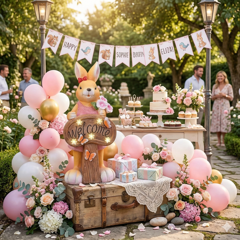 Girl solar rabbit garden ornament Welcome sign glowing LED lights birthday party decoration outdoor Australia hand-painted bunny statue gift