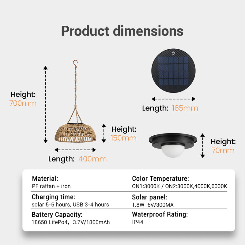 Three material highlights: handwoven hemp rope (left), double-strand weave (center), carbon-fibre finish PE coating (right) — durable, UV-resistant, 3-5 year outdoor lifespan.