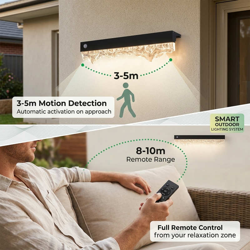 Smart outdoor lighting system with motion detection and remote control features.