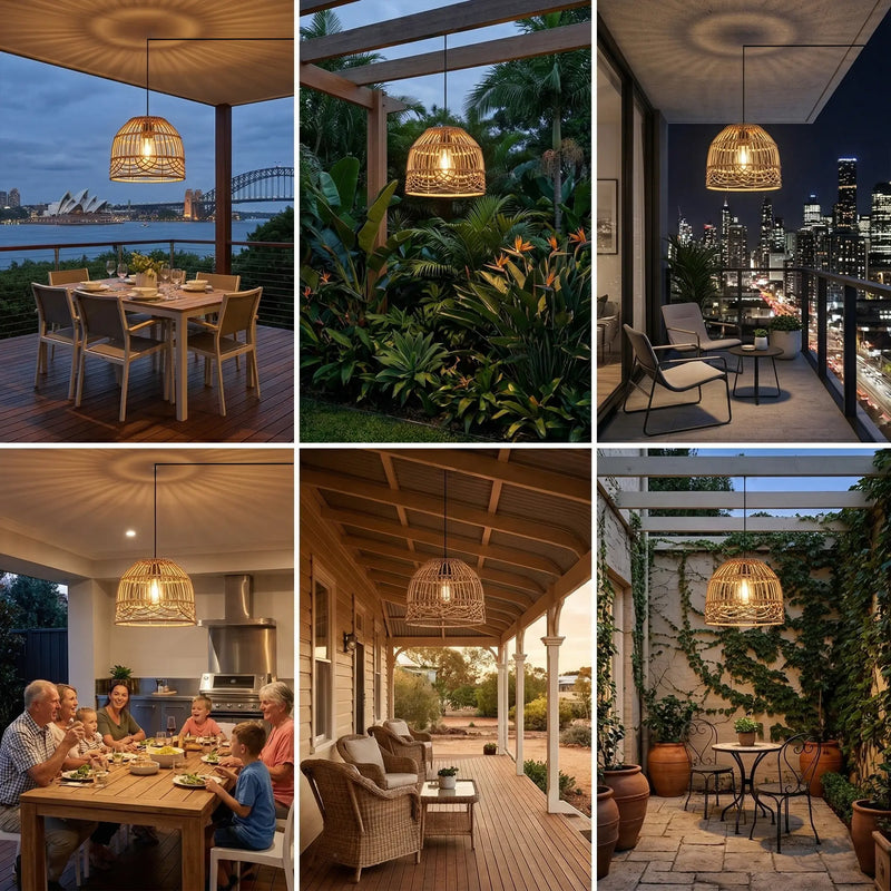 Collage of outdoor settings with hanging woven lights.
