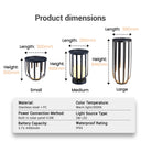 Solar floor lamp dimensions: Small (300mm H x 300mm L), Medium (600mm H x 250mm L), Large (945mm H x 390mm L), stainless steel + PC material, 3000K warm light, built-in 4.6W solar panel, 2W LED, IP65 waterproof rating, 3.7V 4400mAh battery