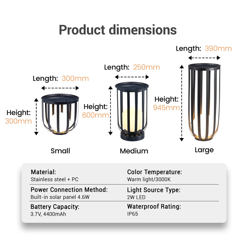 Solar floor lamp dimensions: Small (300mm H x 300mm L), Medium (600mm H x 250mm L), Large (945mm H x 390mm L), stainless steel + PC material, 3000K warm light, built-in 4.6W solar panel, 2W LED, IP65 waterproof rating, 3.7V 4400mAh battery