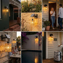 Kasa Solar Woven Wall Light installed on a dark green exterior wall beside a brick porch, casting warm 3000K glow and intricate woven shadows — ideal for enhancing curb appeal and creating welcoming entryways without wiring.