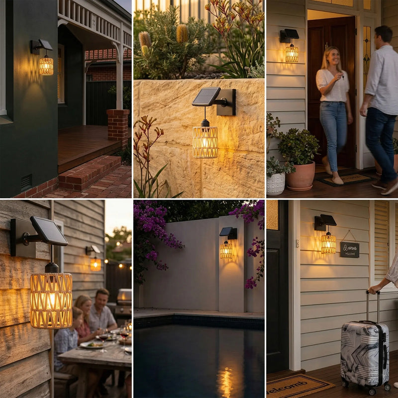 Kasa Solar Woven Wall Light installed on a dark green exterior wall beside a brick porch, casting warm 3000K glow and intricate woven shadows — ideal for enhancing curb appeal and creating welcoming entryways without wiring.