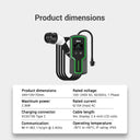 The product dimensions and specifications chart details the EVP03 portable EV charger, highlighting its 2.3kW maximum power, 5-meter cable length, and IP65 waterproof rating suitable for 100-240V AC input.