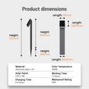 Product dimensions chart showing two solar post connectors with labeled measurements for height and length, plus a specification box listing material, solar panel, working time, charging time, and waterproof rating.