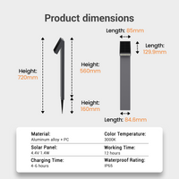 Product dimensions chart showing two solar post connectors with labeled measurements for height and length, plus a specification box listing material, solar panel, working time, charging time, and waterproof rating.