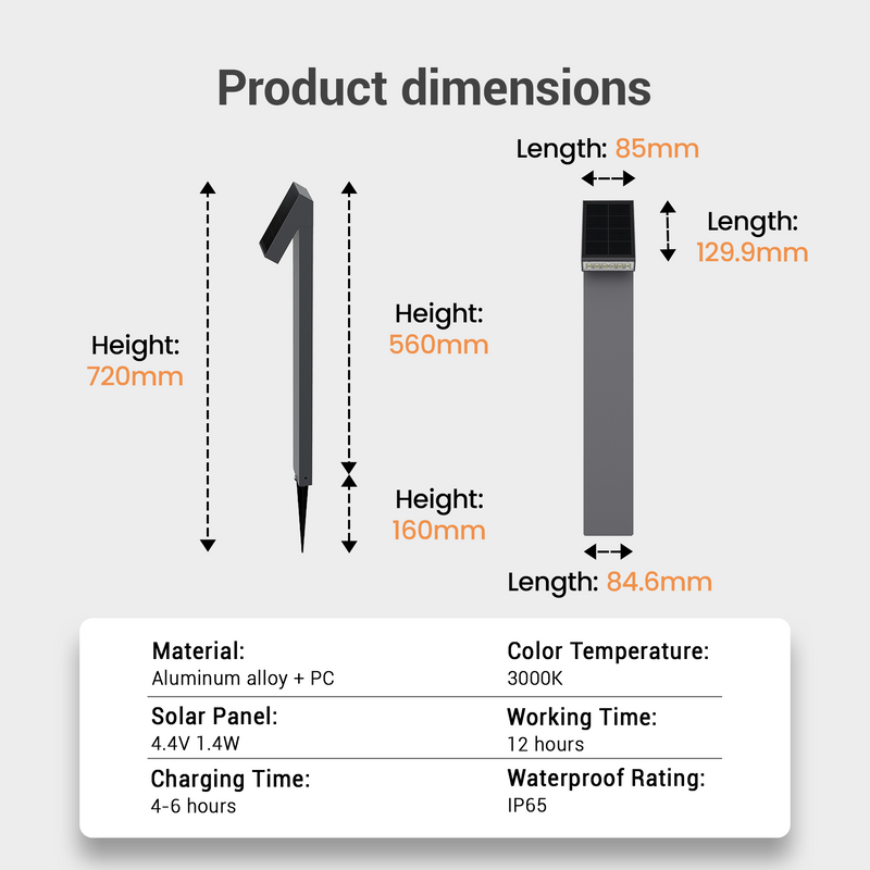 Product dimensions chart showing two solar post connectors with labeled measurements for height and length, plus a specification box listing material, solar panel, working time, charging time, and waterproof rating.