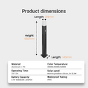 Product dimensions diagram for a slim solar tower fan, showing a black cylindrical body with a small white top section, labeled 84mm in width, 650mm in height, and 140mm in total length. Below the diagram is a specification table listing material as aluminum and PC, color temperature, operating time, battery capacity, color, solar panel, and waterproof rating.