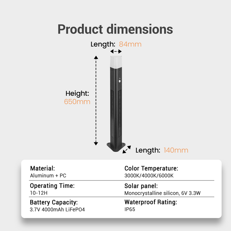 Product dimensions diagram for a slim solar tower fan, showing a black cylindrical body with a small white top section, labeled 84mm in width, 650mm in height, and 140mm in total length. Below the diagram is a specification table listing material as aluminum and PC, color temperature, operating time, battery capacity, color, solar panel, and waterproof rating.