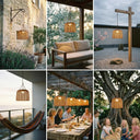 Collage of six lifestyle scenes featuring the handwoven solar rattan pendant light in various outdoor settings: mounted on stone wall, over porch sofa, in Japanese garden, on balcony with hammock, above dining table, and hanging from tree branch with children playing.