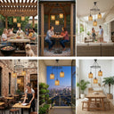 Collage of various indoor and outdoor settings with pendant lights.