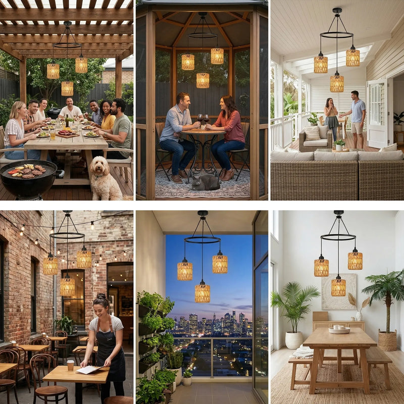 Collage of various indoor and outdoor settings with pendant lights.