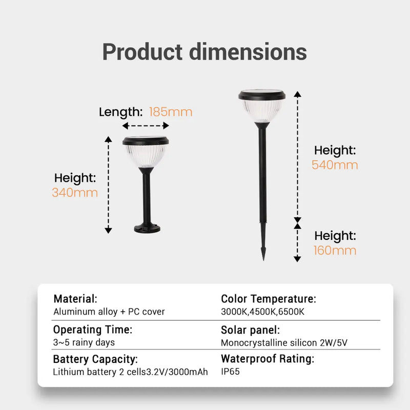 Solar garden light with adjustable height, IP65 waterproof outdoor LED pathway light, 3000K-6500K color temperature, 3000mAh battery, aluminum alloy construction for lawn, walkway, and patio lighting