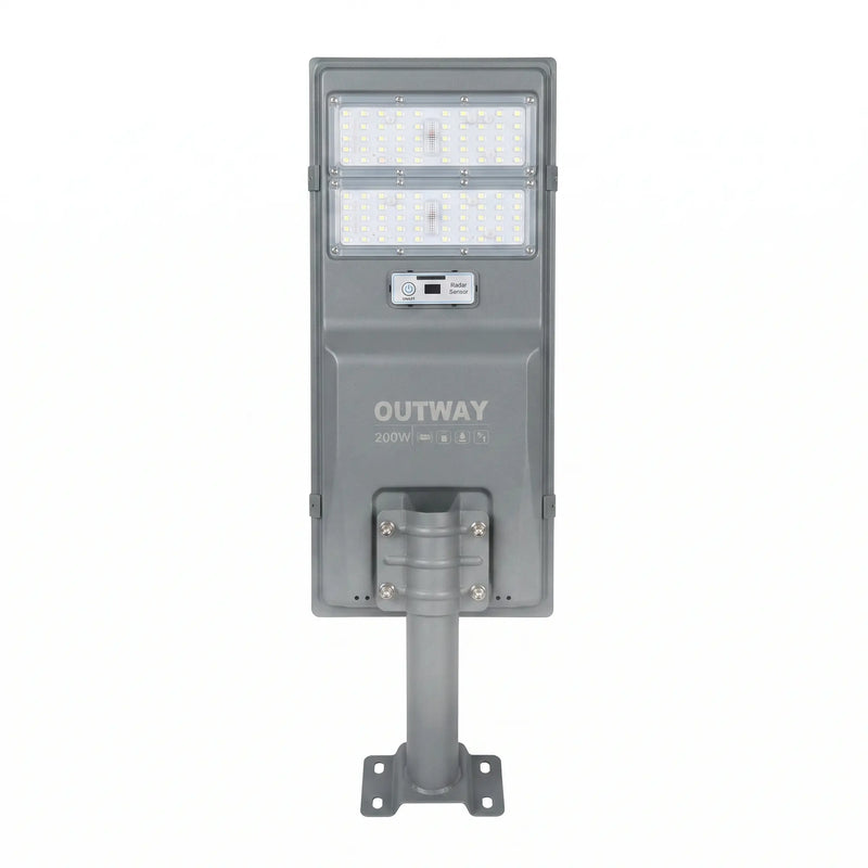Nexa StreetGlow Pro T007 200W solar street light front view mounted on a pole against a white background.