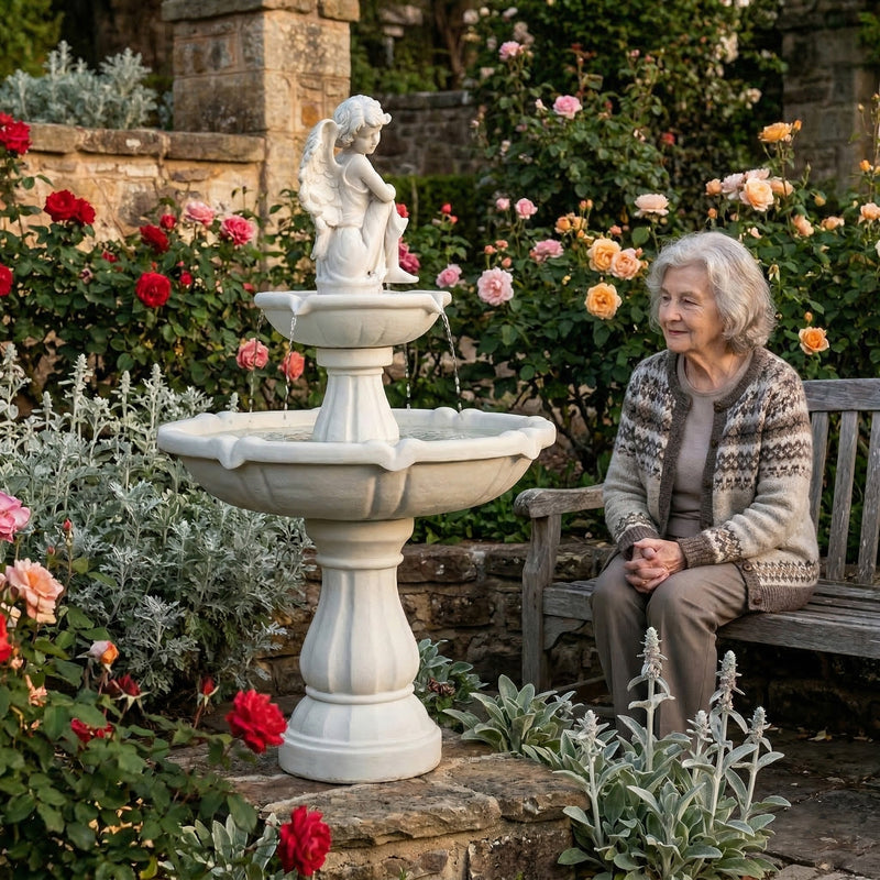 Serene garden scene featuring a white two-tiered angel fountain with cascading water, surrounded by blooming roses and silvery foliage. An elderly woman sits peacefully on a wooden bench nearby, enjoying the tranquil ambiance. Ideal for elegant outdoor spaces, this resin or fiberglass fountain adds classical charm and soothing sound to patios, courtyards, or rose gardens.