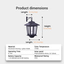 Product dimensions diagram: Length 5.1 inches, Height 9 inches, Base Length 5.5 inches, with specifications table listing Material (Aluminum housing + glass shade), Color Temperature (2700K), Operating Time (8–10H), Battery Capacity (1.2V 600mAh AA Ni-MH), Solar Panel (Polycrystalline silicon, 2V 100mA), Waterproof Rating (IP65) — essential for customer decision-making and technical reference.