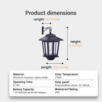 Product dimensions diagram: Length 5.1 inches, Height 9 inches, Base Length 5.5 inches, with specifications table listing Material (Aluminum housing + glass shade), Color Temperature (2700K), Operating Time (8–10H), Battery Capacity (1.2V 600mAh AA Ni-MH), Solar Panel (Polycrystalline silicon, 2V 100mA), Waterproof Rating (IP65) — essential for customer decision-making and technical reference.