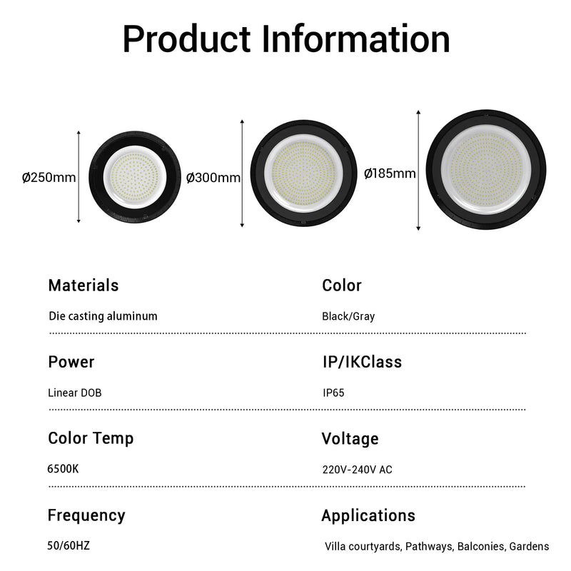 UFO LED high bay light product dimensions three sizes 250mm 300mm 185mm diameter with specifications die casting aluminum IP65 6500K 220V-240V AC Linear DOB