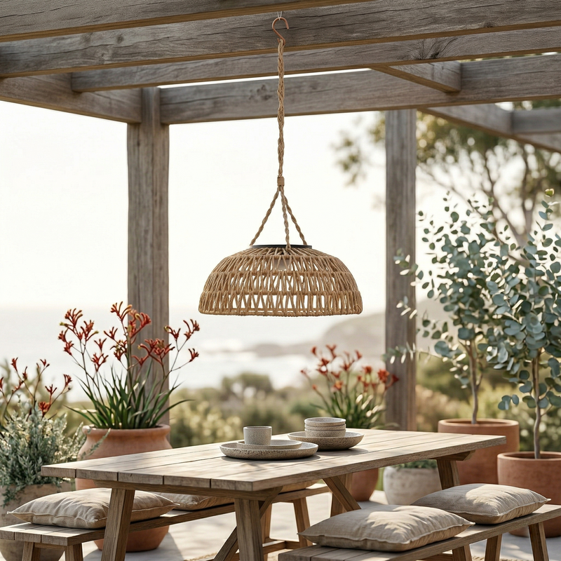Three detailed views of PT0901 lantern components: left shows handwoven hemp-grain rope for secure load-bearing; center displays double-strand weave for 3–5 year outdoor lifespan; right features carbon-fibre finish solar panel with crack-resistant PE coating.