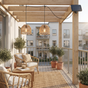 A modern outdoor patio setup with two woven wicker pendant lights hanging under a wooden pergola. The scene includes a wooden dining table, wicker chairs with cream cushions, potted olive trees, and a small solar panel mounted on the wooden post.