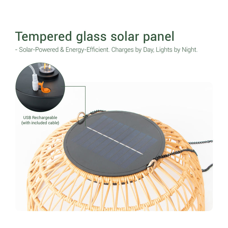 A handwoven ceiling light  topped with a solar-powered lamp.