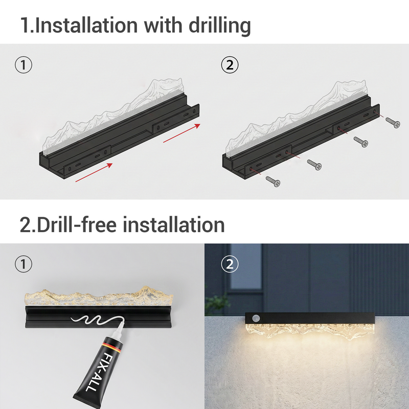 Two installation methods for solar security light: installation with drilling and drill-free installation for easy mounting