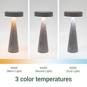 Three Colour Temperature Comparison: Visual comparison of the lamp's three adjustable light modes: 3000K Warm White, 4000K Neutral White, and 5000K Cool White.