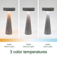 Three Colour Temperature Comparison: Visual comparison of the lamp's three adjustable light modes: 3000K Warm White, 4000K Neutral White, and 5000K Cool White.