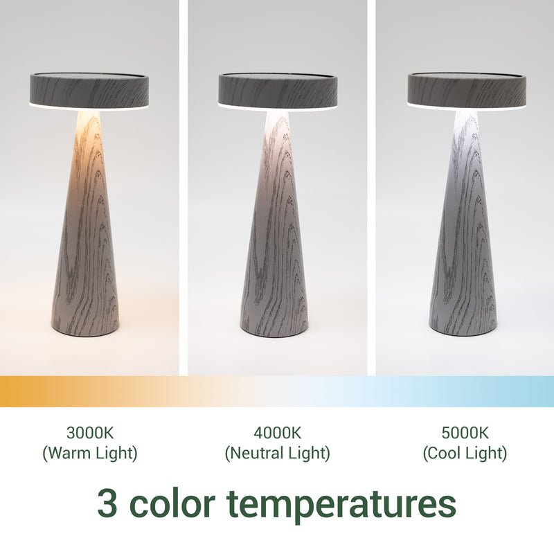 Three Colour Temperature Comparison: Visual comparison of the lamp's three adjustable light modes: 3000K Warm White, 4000K Neutral White, and 5000K Cool White.