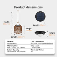 PT0907 Solar Woven Hanging Pendant Light dimensions diagram — Shows total height 850mm, lamp body height 240mm, width 300mm, solar panel diameter 165mm, and base height 70mm. Material: PE rattan + iron. Color temp: ON1:3000K / ON2:3000K,4000K,6000K. Charging: solar 5–6h, USB 3–4h. Battery: 18650 LiFePo4 3.7V/1800mAh. Waterproof: IP65.