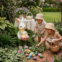 Children playing with Easter eggs in a garden setting with a decorative rabbit figure.