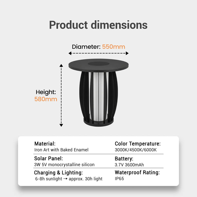 Product dimensions and specifications of a solar light fixture on a gray background