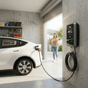 Woman walking into her garage with groceries towards a white Tesla charging on the Outway EV04 wall-mounted electric vehicle charger.
