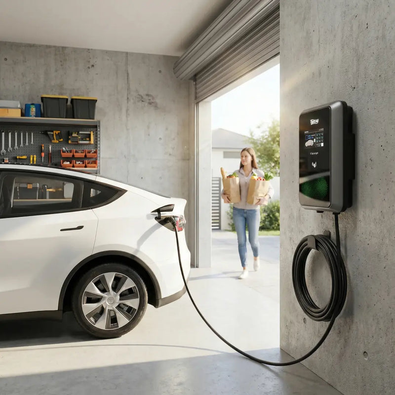 Woman walking into her garage with groceries towards a white Tesla charging on the Outway EV04 wall-mounted electric vehicle charger.