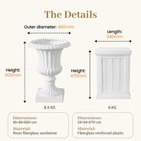 Outway F005 F006 Petra planter pedestal dimensions diagram 460mm outer diameter 600mm height 8.5kg planter 340mm 470mm 6kg pedestal
