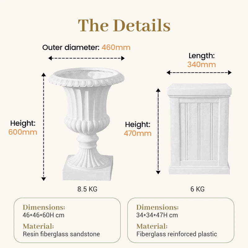 Outway F005 F006 Petra planter pedestal dimensions diagram 460mm outer diameter 600mm height 8.5kg planter 340mm 470mm 6kg pedestal