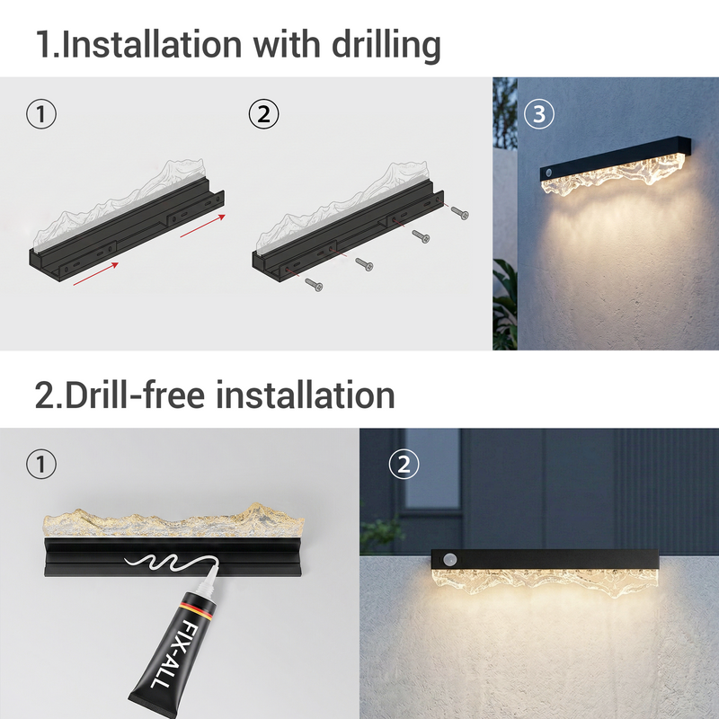 Step-by-step guide to installing outdoor wall lights with drilling and drill-free methods.