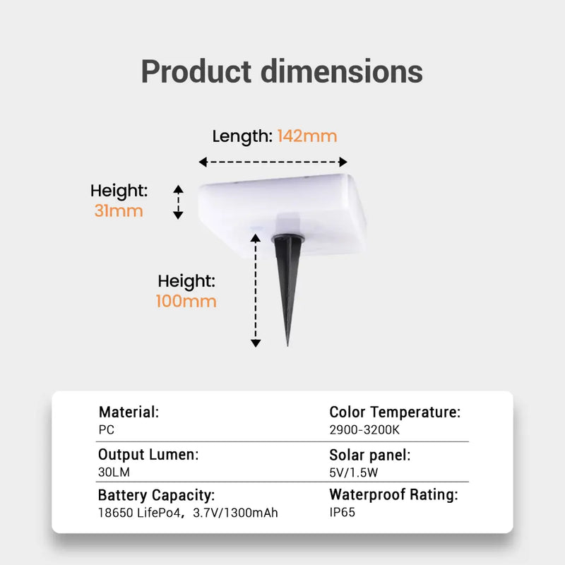 PT0608 Square In-Ground Solar Light product dimensions 142mm length 31mm height PC material 3000K warm white 30LM LiFePO4 battery Australia