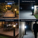 A four-panel collage showing outdoor bollard light posts in use: a warm walkway at dusk, a cool driveway security light, ambient deck lighting, and a motion-activated passage with a person walking away.