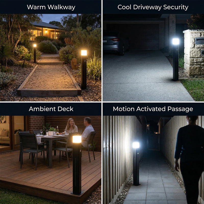 A four-panel collage showing outdoor bollard light posts in use: a warm walkway at dusk, a cool driveway security light, ambient deck lighting, and a motion-activated passage with a person walking away.