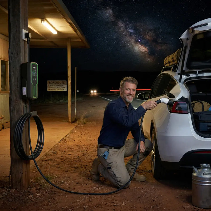 Man charging a car at a gas station under a starry night sky.